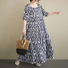 批发2026<b class='q'>夏</b>季新品麻棉中老年<b class='q'>妈妈装</b> 圆领套头A字裙复古宽松大码连衣裙