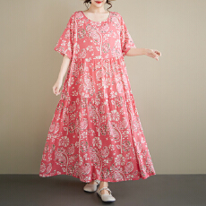 批发中老年<b class='q'>妈妈装</b>民族风2026<b class='q'>夏</b>新品大码圆领短袖宽松麻棉外贸连衣裙女