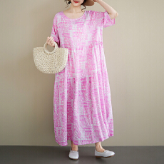 批发波西米亚海滩裙2026夏季圆领短袖百褶<b class='q'>田园</b>风度假<b class='q'>连衣裙</b>女士