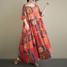 批发2026<b class='q'>夏</b>季新品麻棉中老年<b class='q'>妈妈装</b> 圆领套头A字裙复古宽松大码连衣裙