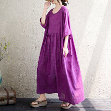 批发女士夏季大码<b class='q'>连衣裙</b>2026新款圆领肩连袖百褶大摆型波西米亚<b class='q'>连衣裙</b>