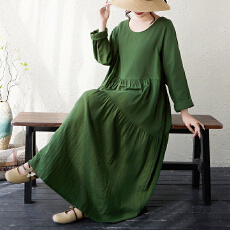 批发中老年妈妈装<b class='q'>孕妇</b><b class='q'>连衣裙</b>2026秋季新款复古减龄麻棉圆领长袖百褶裙