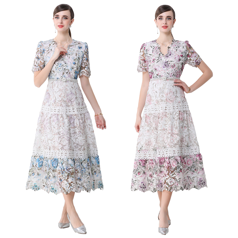 RY533# 实拍高端女装连衣裙新款法式复古镂空钩花收腰大摆长裙