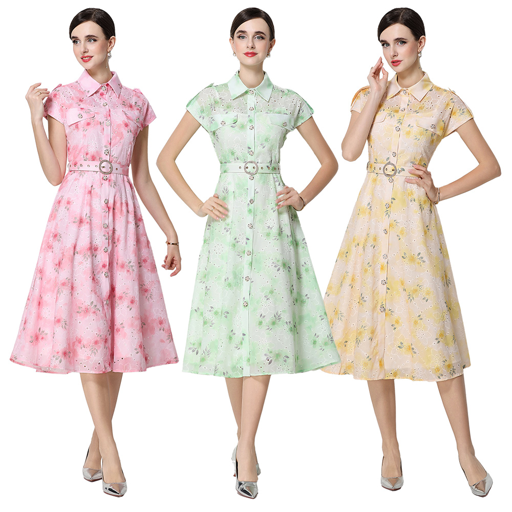 RY2912# 法式绝美温柔风减龄刺绣印花插肩袖连衣裙女夏季轻奢排扣收腰长裙