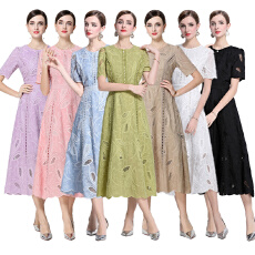 批发夏装法式复古重工镂空刺绣圆领收腰短袖<b class='q'>连衣</b>裙女显瘦<b class='q'>长裙</b>子