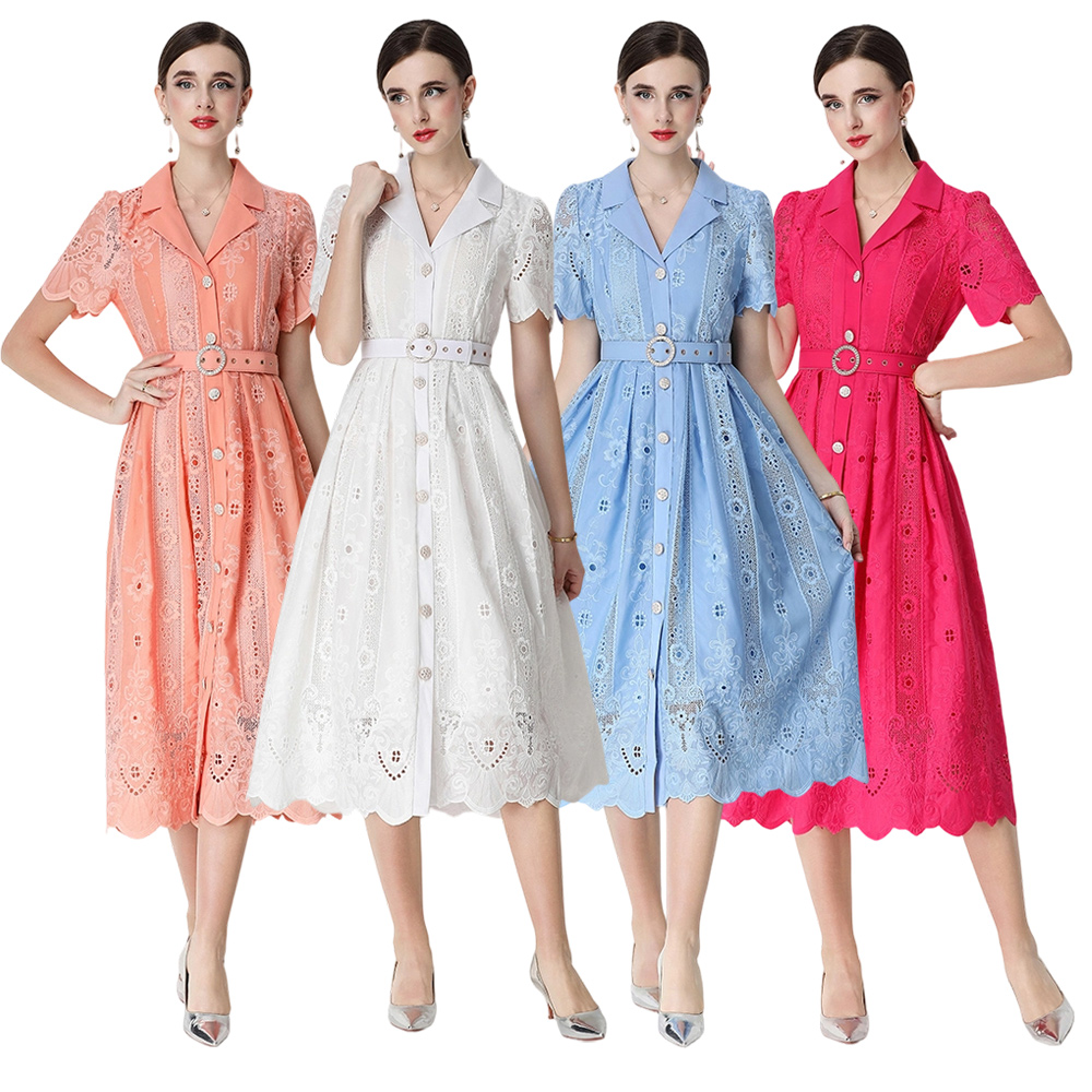 RY3269# 法式气质复古优雅时尚重工镂空刺绣翻领长袖单排扣绑带收腰连衣裙