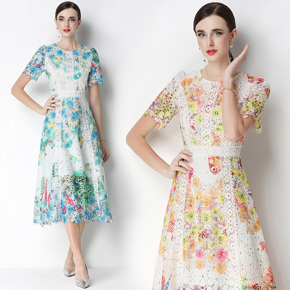 RY3268# 夏装法式复古重工镂空水溶蕾丝圆领收腰短袖连衣裙女显瘦长裙子