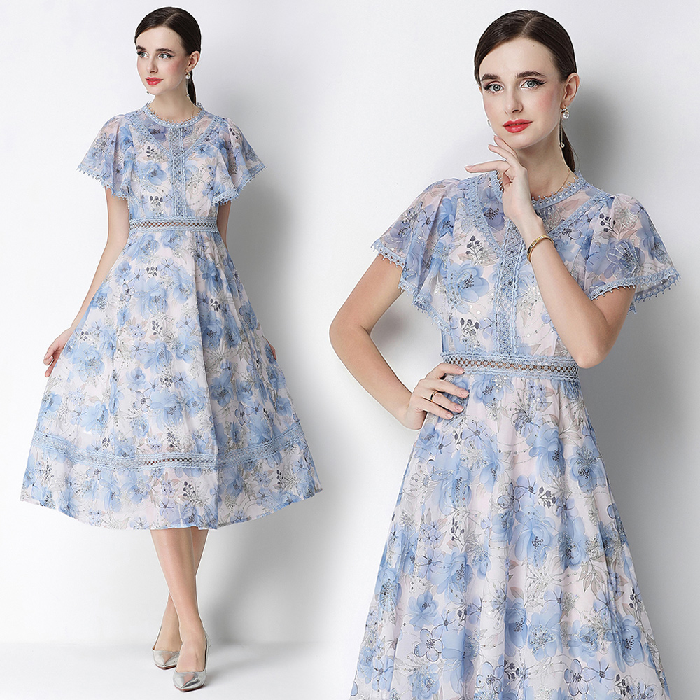 RY3267# 法式复古温柔风连衣裙女甜美荷叶边袖气质收腰显瘦长款刺绣淑女裙
