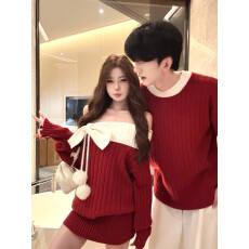 批发实拍情侣装秋冬季圣诞新年元旦一字领毛衣针织<b class='q'>连衣裙</b>氛围男长袖