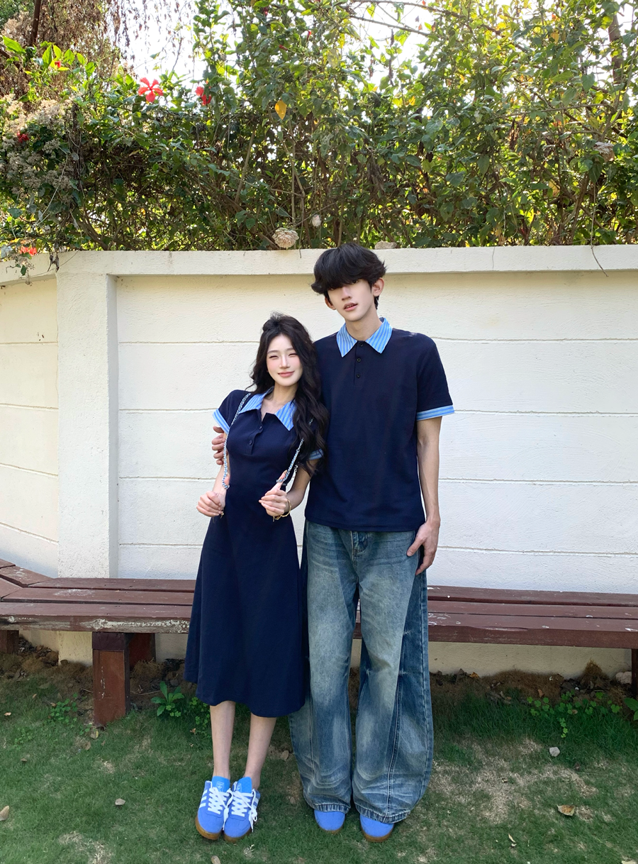 실사 커플룩 여름 새로운 miu 부서 여성 패치워크 반팔 드레스 남자 POLO 셔츠 학생 클래스 서비스 트렌디
