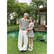 批发实拍情侣装夏季新款网红针织连衣裙学院风男短袖POLO衫学生班服