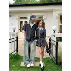 批发实拍情侣装夏季新款网红假两件拼接miu系<b class='q'>衬衫</b>裙男短袖<b class='q'>衬衫</b>学生潮