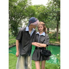 批发实拍情侣装夏季新款网红假两件拼接miu系<b class='q'>衬衫</b>裙男短袖<b class='q'>衬衫</b>学生潮