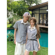批发实拍情侣装夏季新款网红miu系假两件皮带连衣裙<b class='q'>男</b>短袖<b class='q'>衬衫</b>学生潮
