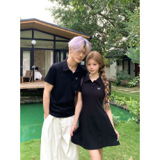 批发实拍情侣装夏季新款网红女miu系<b class='q'>连衣裙</b>男短袖POLO衫学生班服潮