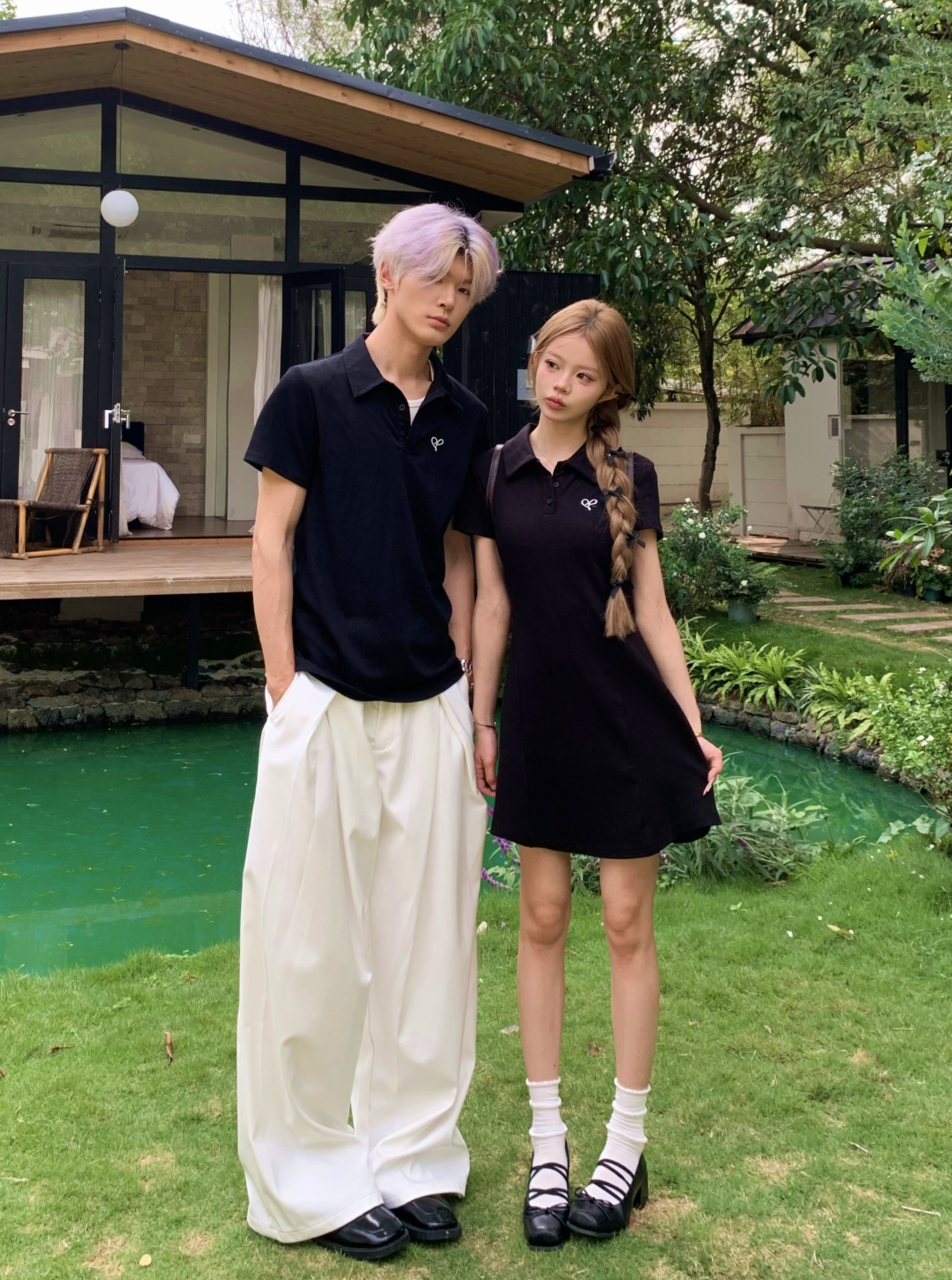 실사 커플룩 여름 새로운 인터넷 유명인 여성 miu 부서 드레스 남자 반팔 POLO 셔츠 학생 클래스 서비스 트렌디