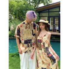 批发实拍情侣装夏季新款网红度假风女花吊带裙男衬衫复古美拉德色系