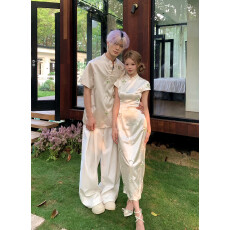 批发实拍情侣装<b class='q'>夏</b>季新款新中式旗袍连衣裙刺绣男短袖衬衫复古气质网红