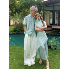 批发实拍情侣装夏季新款网红新中式连衣裙男短袖衬衫度假气质古风