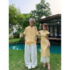 批发实拍情侣装夏季新款网红新中式连衣裙假两件男短袖衬衫古风气质