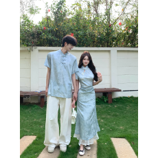 批发实拍情侣装<b class='q'>夏</b>季新款网红新中式连衣裙旗袍男短袖衬衫纱裙套装