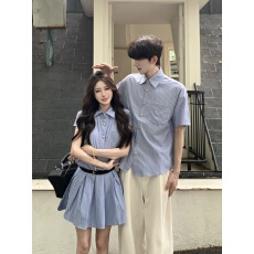 批发实拍情侣装夏季新款网红miu系连衣裙学院风男短袖<b class='q'>衬衫</b>美式学生潮