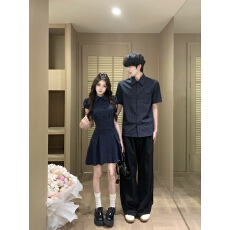 批发实拍情侣装夏季新款<b class='q'>条纹</b>miu系学院风女网红连衣<b class='q'>裙</b>男短袖衬衫
