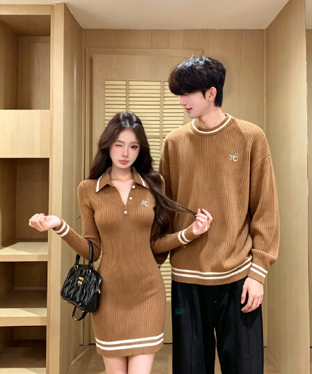실사 커플룩 가을 새로운 스웨터 남자 니트 스웨터 풀오버 여성 인터넷 유명인 polo 스웨터 드레스 해군 스타일 v