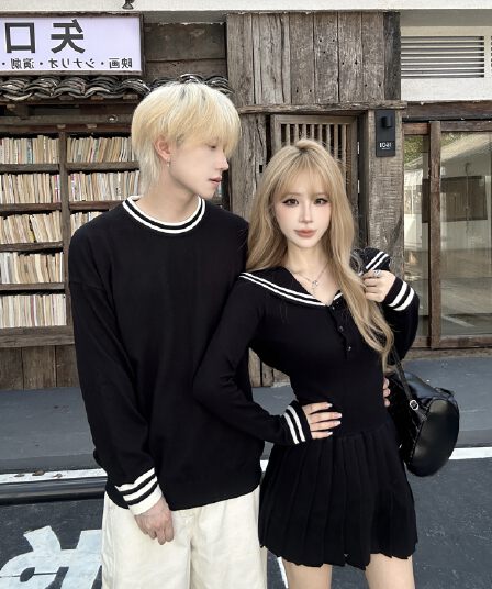 실사 커플룩 가을과 겨울 인터넷 유명인 품격 해군 칼라 학원 스타일 스웨터 원피스 남자 풀오버 니트 스웨터