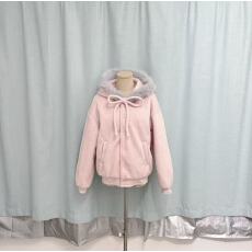 批发宋正恩粉色毛领连帽毛呢外套女冬季新款巨好看绑带蝴蝶结宽松上衣