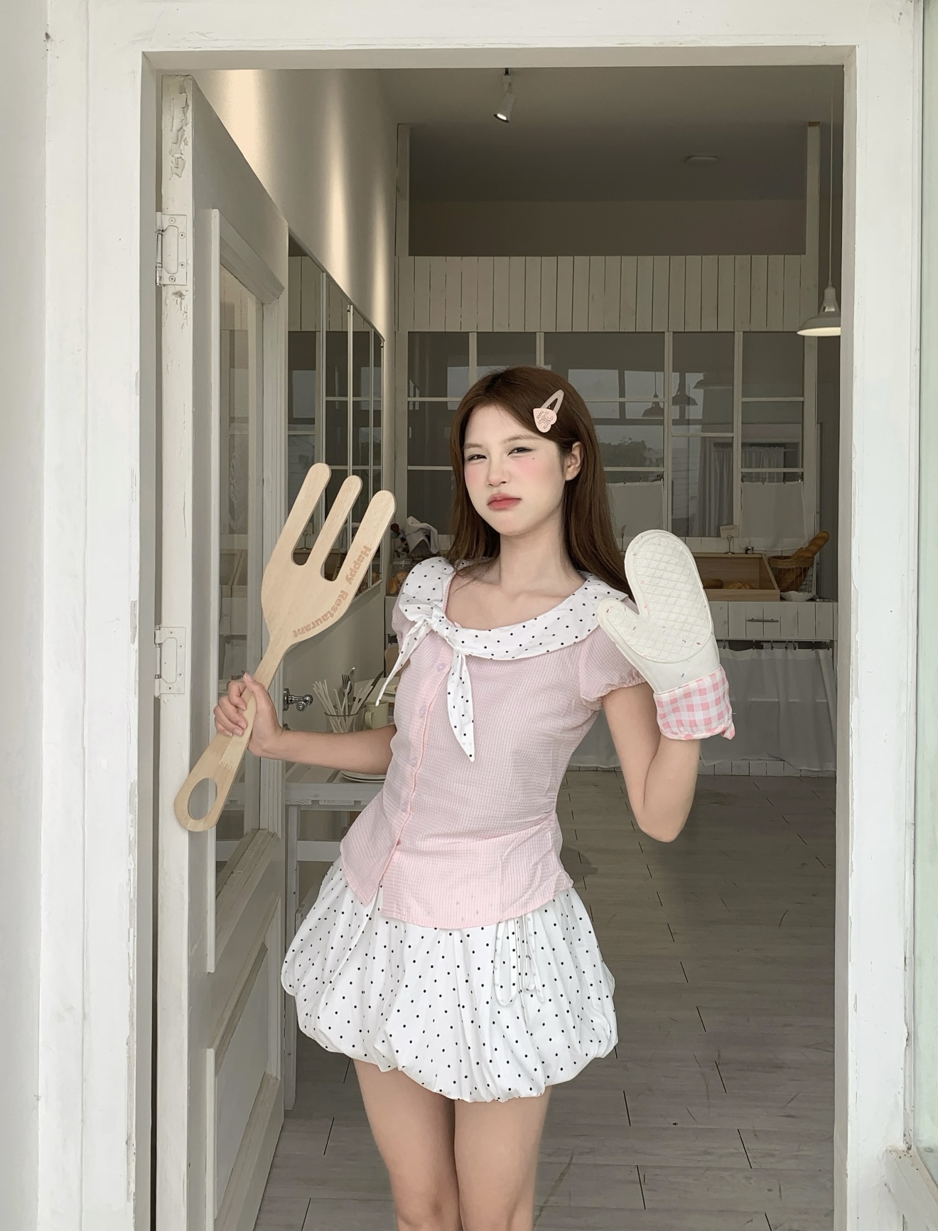 umoumo 우 버섯 여름 달콤함 도트 무늬 나비 매듭 칼라 패치워크 비스듬한 문 襟 몸매 가꾸기 셔츠 세트