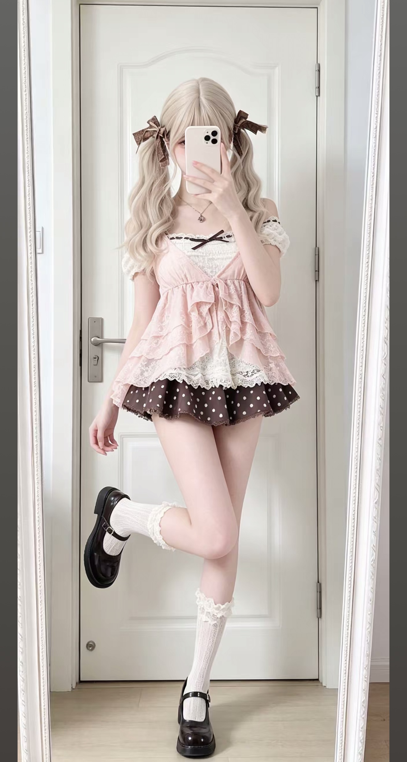 소녀 코코넛 일상 부서 샤 오 천 새싹 의류 여름 살구 색상 페이크 레이어드 맨위 브라운 도트 무늬 반신 스커트