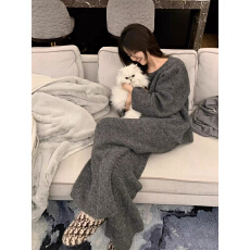 批发韩系高级感简约纯色长袖针织女<b class='q'>冬</b>款2025年新款休闲家居长裤套装