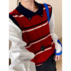 批发<b class='q'>条纹</b>针织衫拼接长袖假两件polo领上衣2025遮肉时尚百搭宽松<b class='q'>打底衫</b>