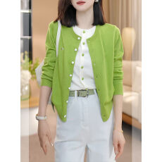 批发<b class='q'>假两件</b>拼接撞色长袖针织开衫女早春2026新款韩系减龄百搭气质上衣