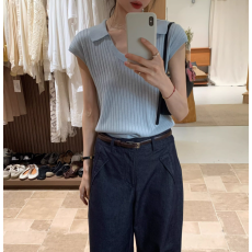 蓝色小翻领U领短袖针织衫女春夏设计感小众别致小众百搭上衣