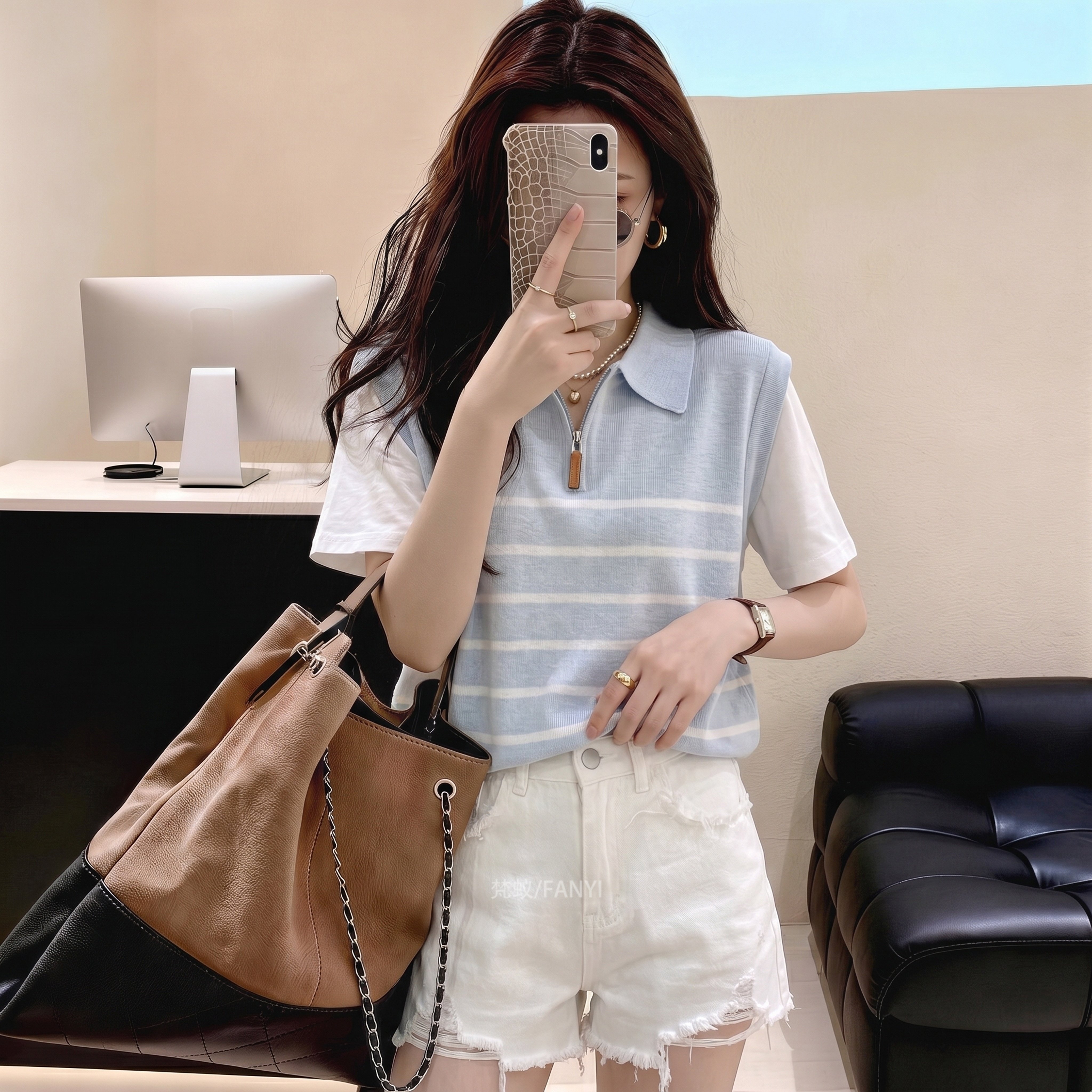 학원 스타일 페이크 레이어드 POLO 칼라 스트라이프 니트 스웨터 여성 2026 년 여름 반팔 풀오버 캐주얼 티셔츠 맨위