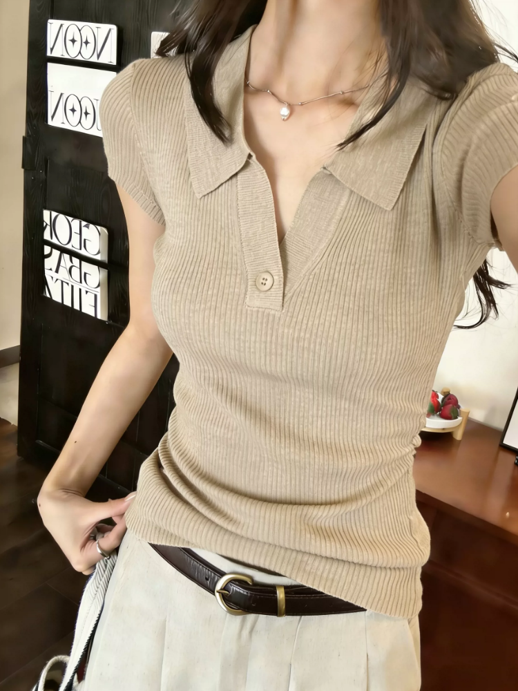 한 부서 POLO 칼라 니트 반팔 티셔츠 여성 여름 2026 새로운 몸매 가꾸기 슬림해 보이는 동정 품격 캐주얼 맨위