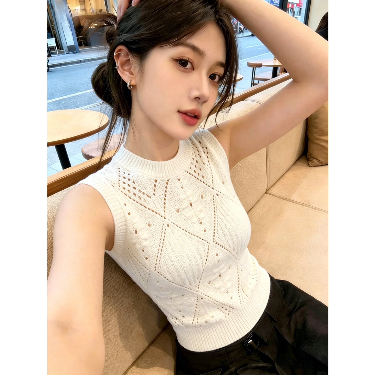 올해 인기 폭발 라운드 넥 홀로우 아웃 민소매 조끼 니트 스웨터 여성 여름 새로운 몸매 가꾸기 슬림해 보이는 외국 가스 맨위