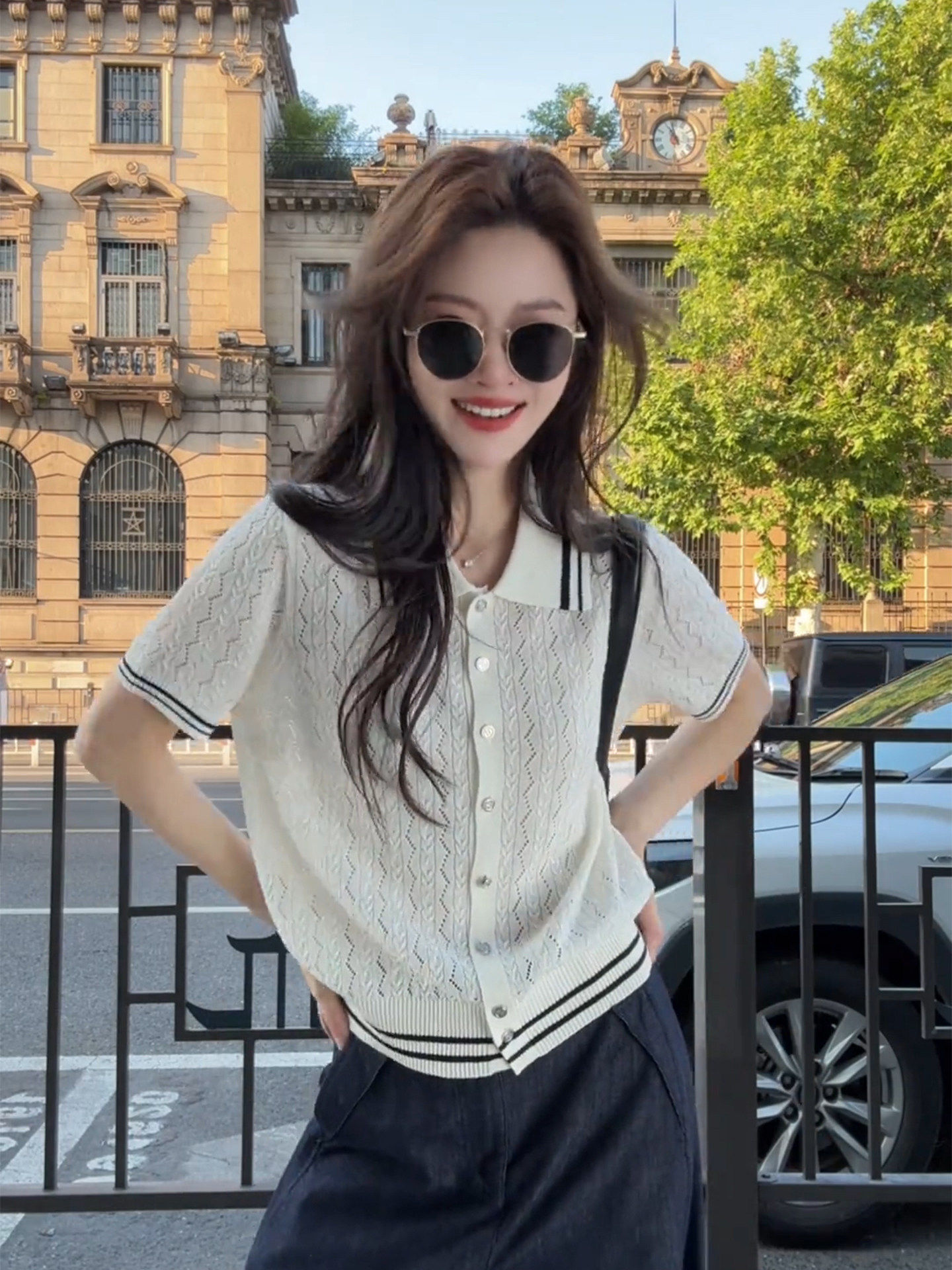 한 부서 POLO 칼라 홀로우 아웃 니트 반팔 티셔츠 여성 여름 아름다운 자이언트 잘 생긴 ~ 중 얼음 실크 긍정적 인 어깨 의류
