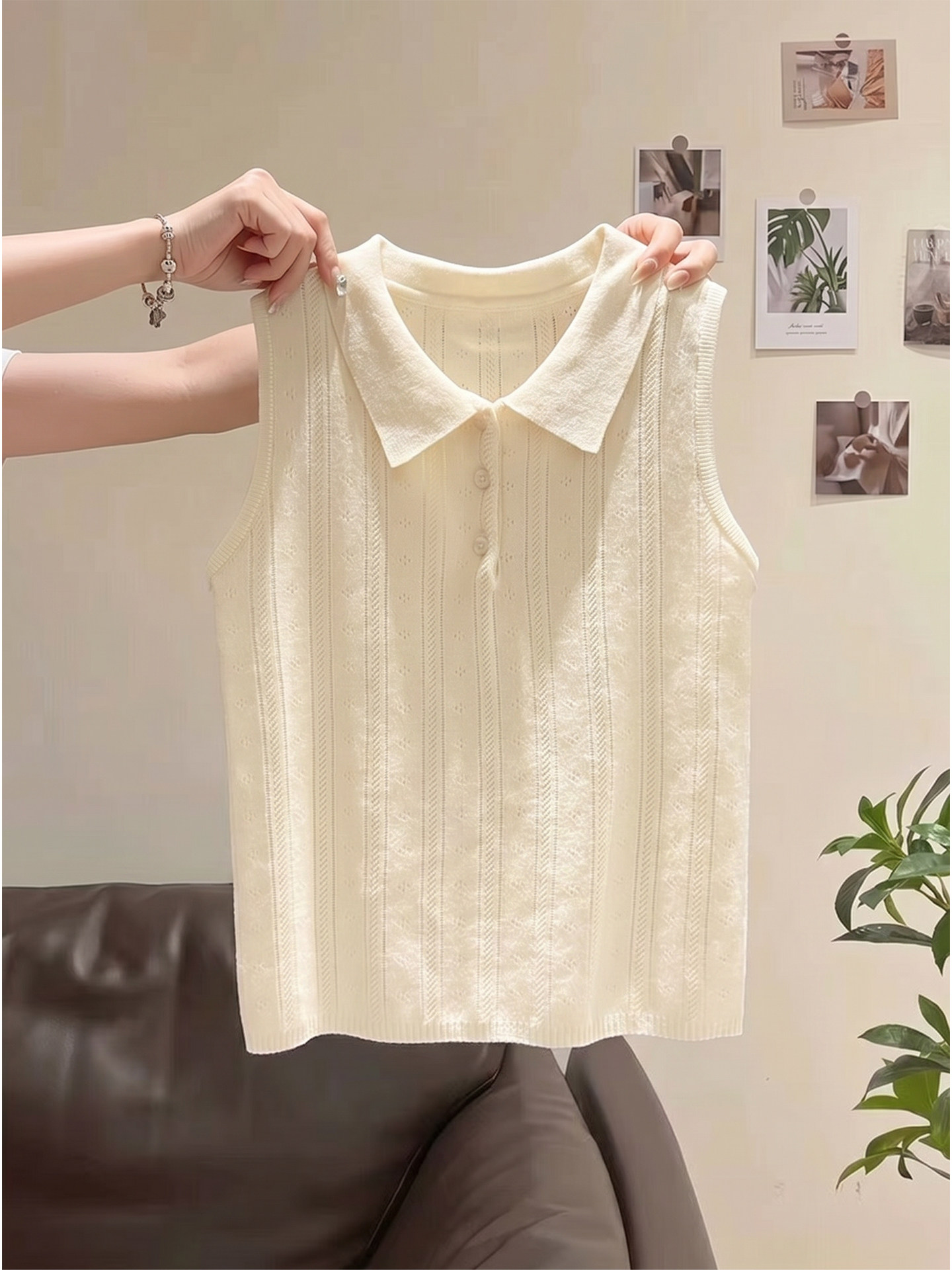 POLO 칼라 민소매 니트 스웨터 여성 여름 한 부서 고유 한 아름다운 몸매 가꾸기 쇼트 스타일 폴로 칼라 슬립 작은 조끼 맨위