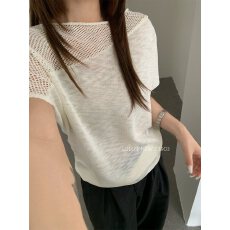 批发韩系镂空拼接圆领短袖针织T恤女2026夏季薄款显瘦百搭上衣潮