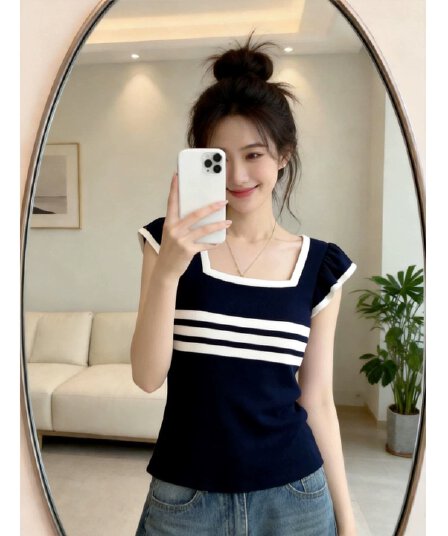 배색 측면 광장 칼라 스트라이프 패치워크 연꽃 잎 소매 위버 여름 마이크로 지방 빅 사이즈 몸매 가꾸기 연령 감소 고급 센스 맨위