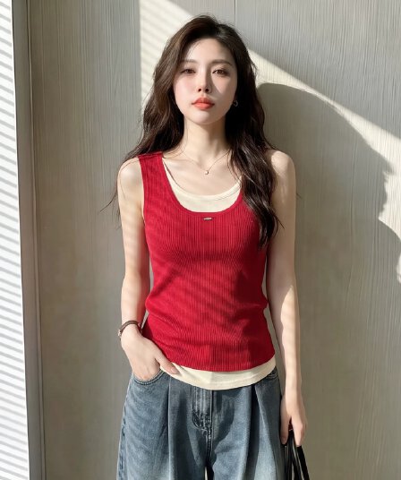 레트로 빨간색 페이크 레이어드 u 칼라 니트 조끼 여성 여름 구덩이 기사 몸매 가꾸기 슬림해 보이는 스택 착용 출퇴근 민소매 작은 맨위