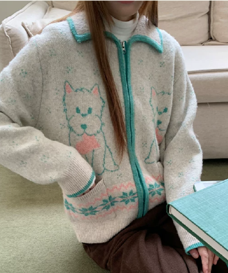 아메리칸 레트로 vintage 만화 강아지 자카드 폴로 칼라 지퍼 니트 오픈 가디건 여성 느긋한 바람 스웨터 코트