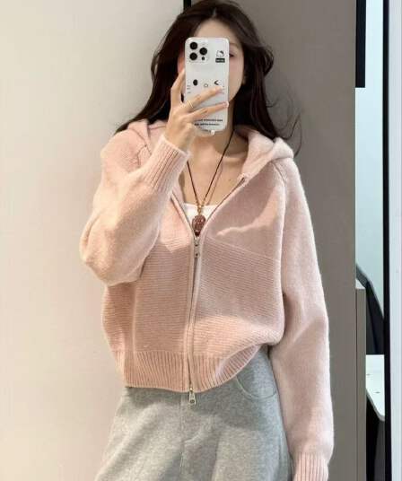 한 부서 캐주얼 물결무늬 곡물 더블 지퍼 후드 스웨터 여성 코트 봄 가을 루즈핏 슬림해 보이는 니트 오픈 가디건 맨위