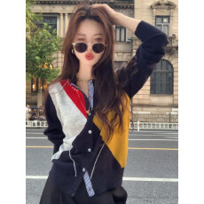 批发设计感撞色拼接长袖<b class='q'>针织</b>开衫外套女早秋季小众不撞款外搭毛衣上衣