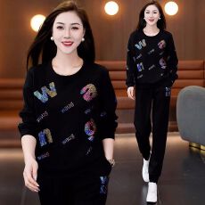 批发纯棉运动服<b class='q'>套装</b>女春秋2025新款高级感字母烫钻圆领卫衣休闲两件套