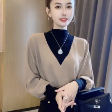 批发淑女气质拼色高领假两件衬衫女装秋冬新款时尚洋气上衣减龄打底衫