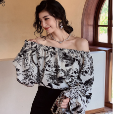 批发法式复古斜肩印花<b class='q'>雪纺</b>衫女设计感气质通勤上衣新款小衫收腰上衣